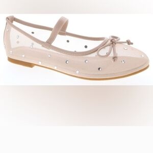 Beige Mesh Ballet Flats with Rhinestones